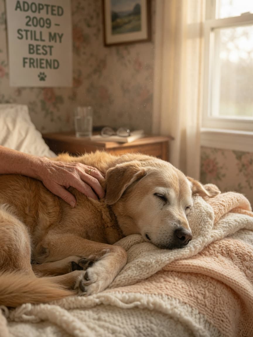 An elderly senior pet resting peacefully on a soft blanket in warm window light with owner's hand gently placed on them in a tender moment of comfort
