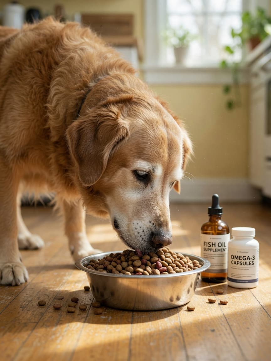 Senior golden retriever eating high-protein senior dog food with omega-3 supplement bottles nearby