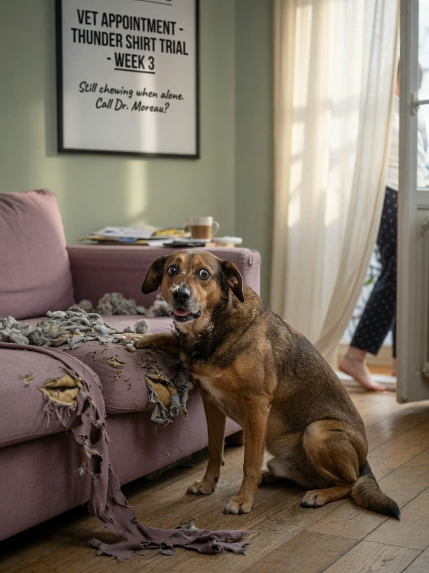 Anxious dog sitting next to a chewed sofa cushion showing signs of separation distress