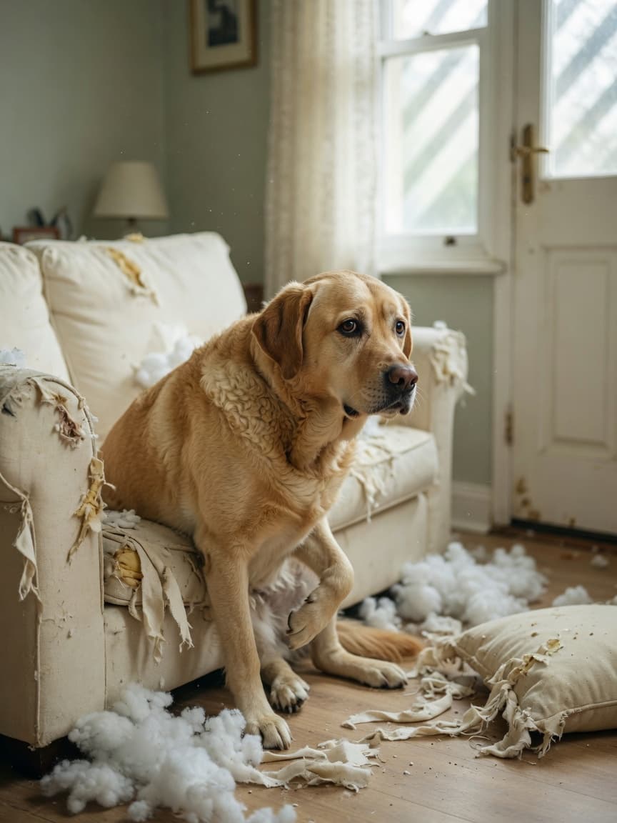 Anxious Labrador Retriever near torn sofa cushions showing signs of separation anxiety destructive behaviour