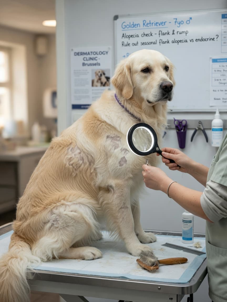 Veterinarian examining a Golden Retriever's coat to assess shedding patterns, showing areas of healthy fur versus sparse hair loss