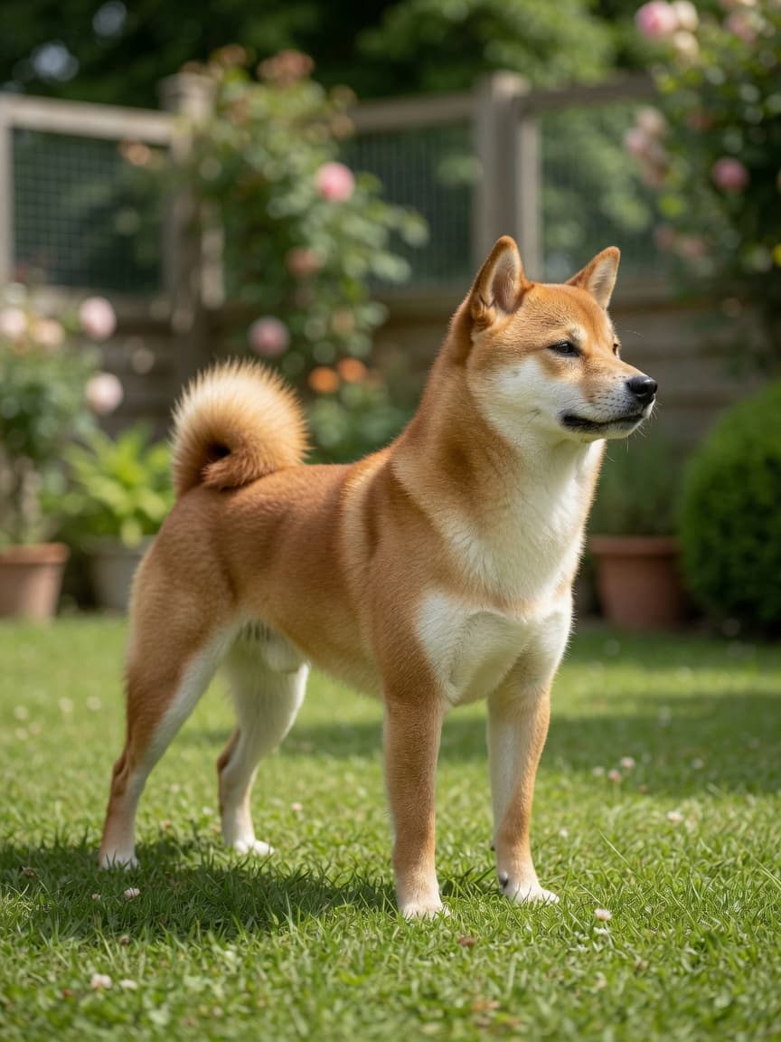 Alert red and cream Shiba Inu standing in dignified profile on grass, showing characteristic small compact build and pricked ears