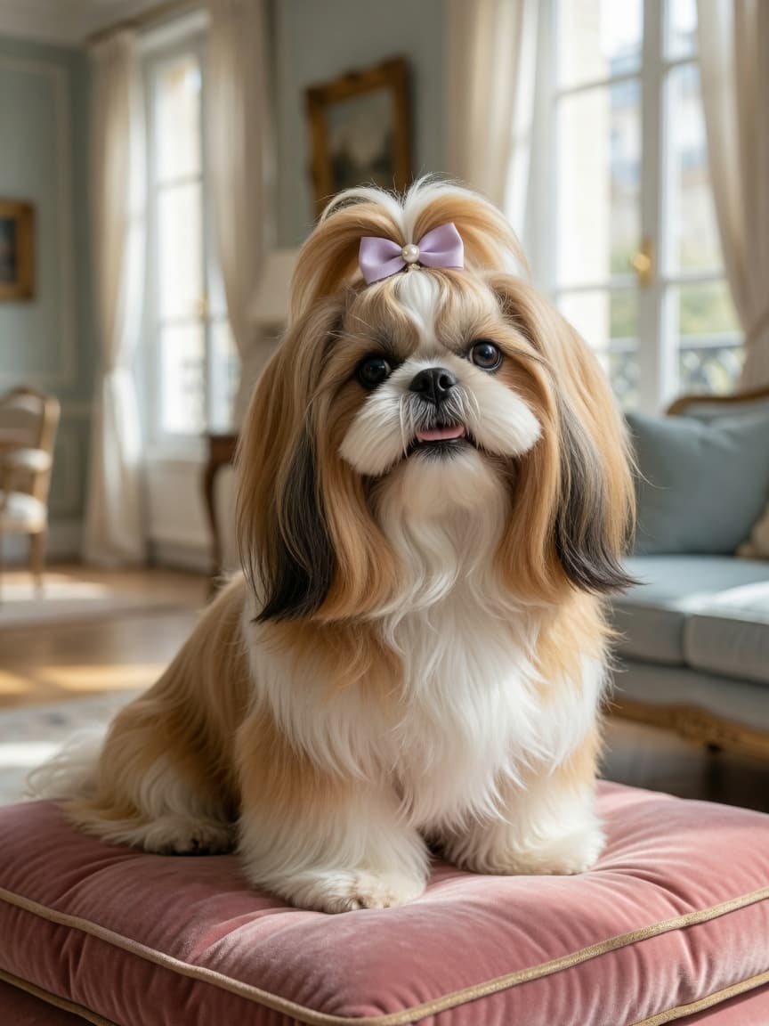 A perfectly groomed Shih Tzu with flowing gold and white coat sitting on a velvet cushion in bright natural light
