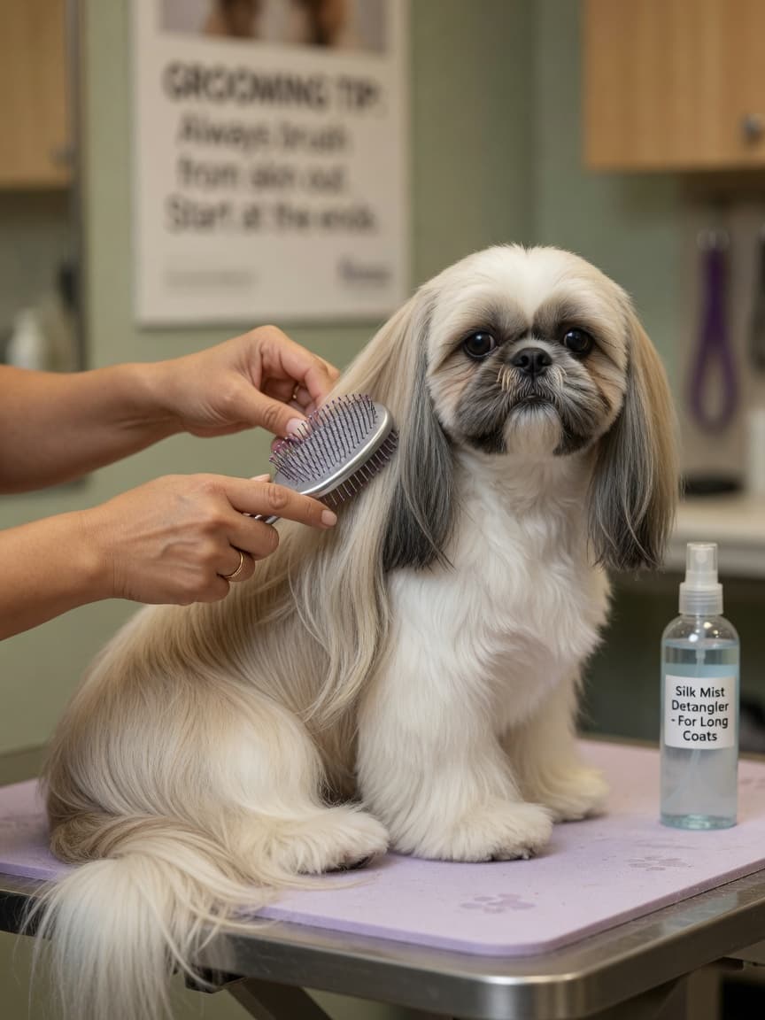 Professional groomer brushing a cream and white Shih Tzu's long double coat with a pin brush during a grooming session