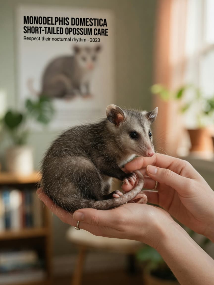 A short-tailed opossum being held gently in cupped hands, showing its small size, pointed snout, large ears, and hairless tail in soft natural lighting