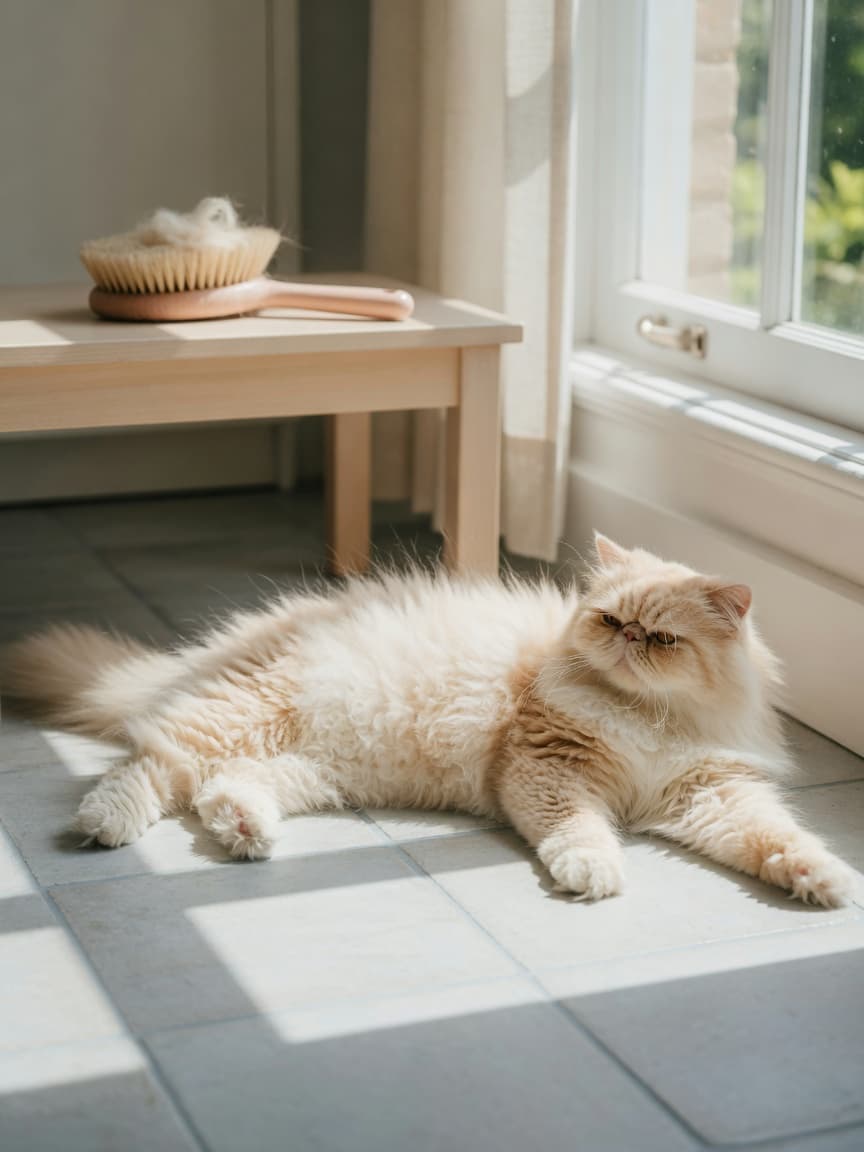 Long-haired Persian cat relaxing on cool tile flooring in summer sunlight, coat intact and fluffy
