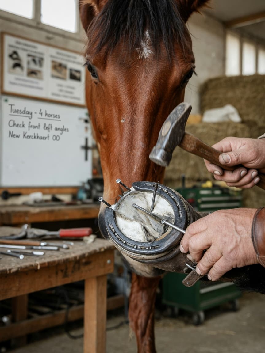 Farrier attaching a horseshoe to a chestnut horse's hoof with precise nailing technique