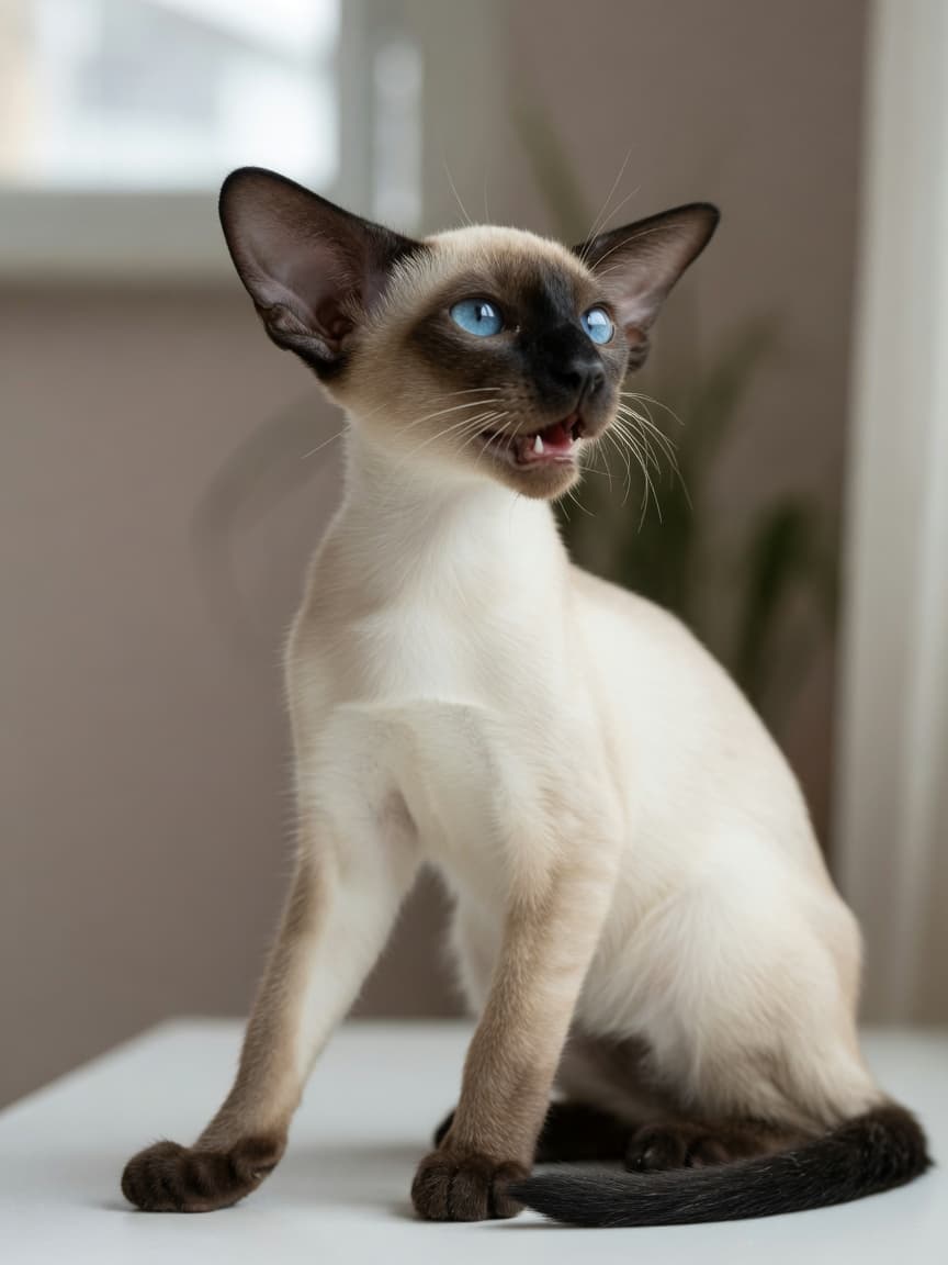 Seal-point Siamese cat with wedge-shaped head, large ears, and striking blue eyes vocalizing expressively
