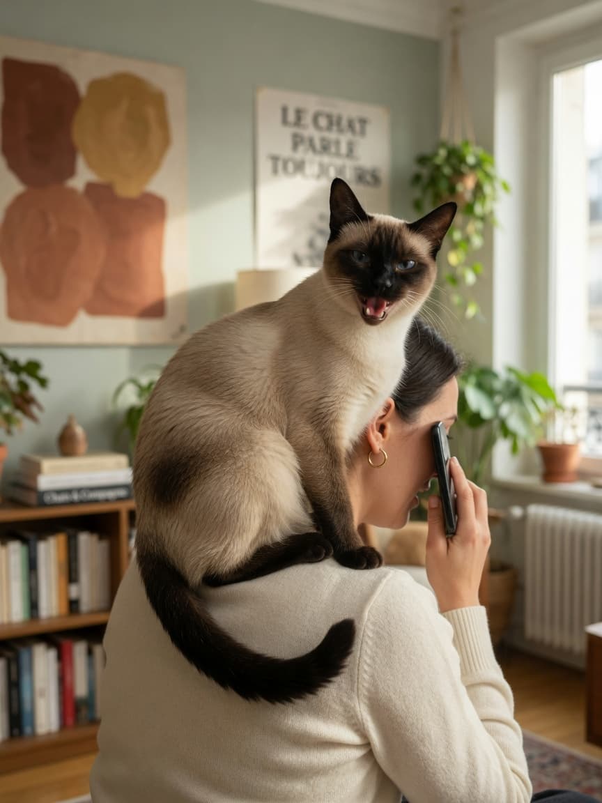 Siamese cat with blue eyes and seal-point markings meowing on owner's shoulder during a phone call, capturing their vocal and attached nature