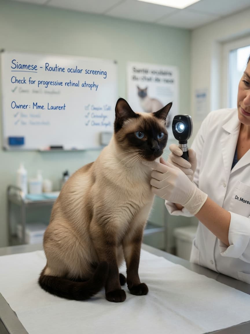 Veterinarian examining a Siamese cat's eyes with an ophthalmoscope during a health checkup