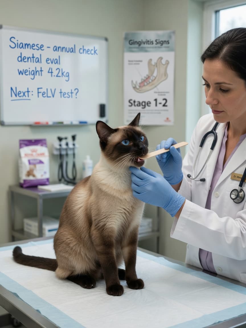 Siamese cat having its teeth and gums examined by a veterinarian during a dental health check