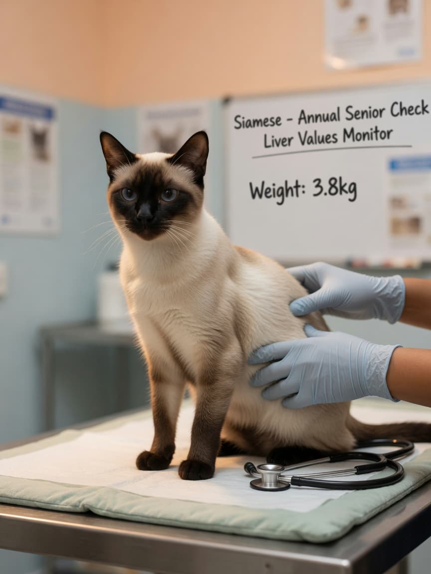 Seal-point Siamese cat receiving abdominal examination from veterinarian during health check