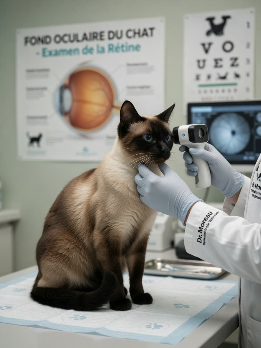 Seal-point Siamese cat undergoing retinal examination by veterinary ophthalmologist with specialized imaging equipment