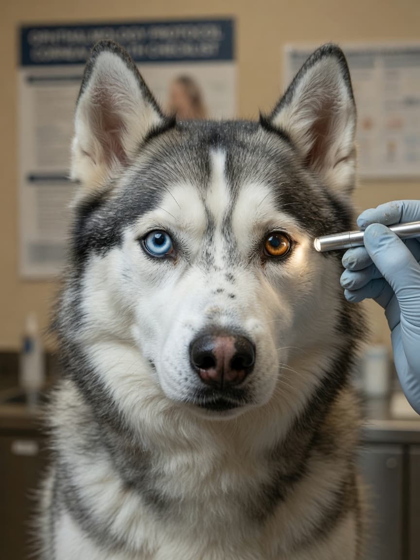 Siberian Husky with heterochromatic blue and amber eyes during veterinary eye examination with penlight
