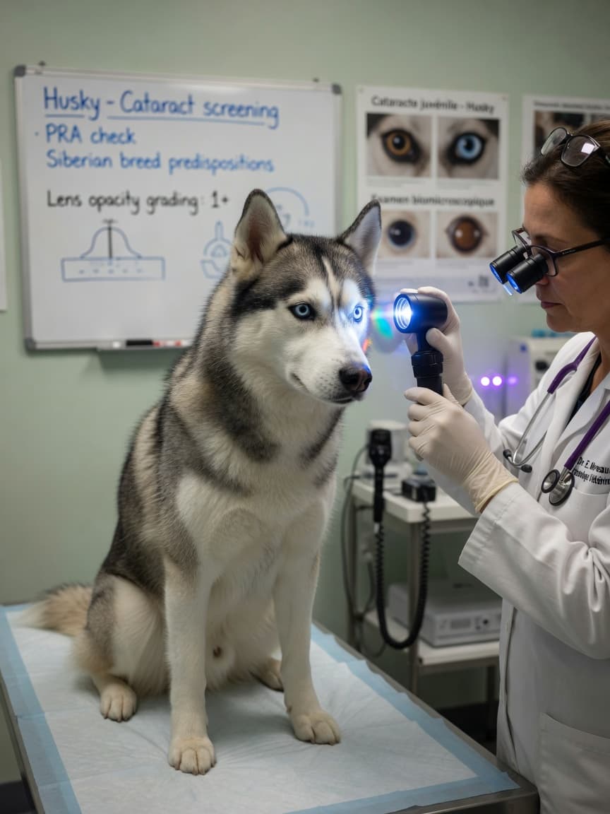 Veterinary ophthalmologist examining a Siberian Husky's eye with slit lamp at clinic