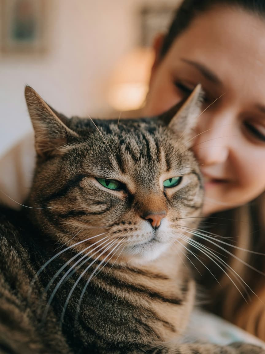 A tabby cat slow-blinking at the camera in affection, demonstrating the 'cat kiss' sign of love