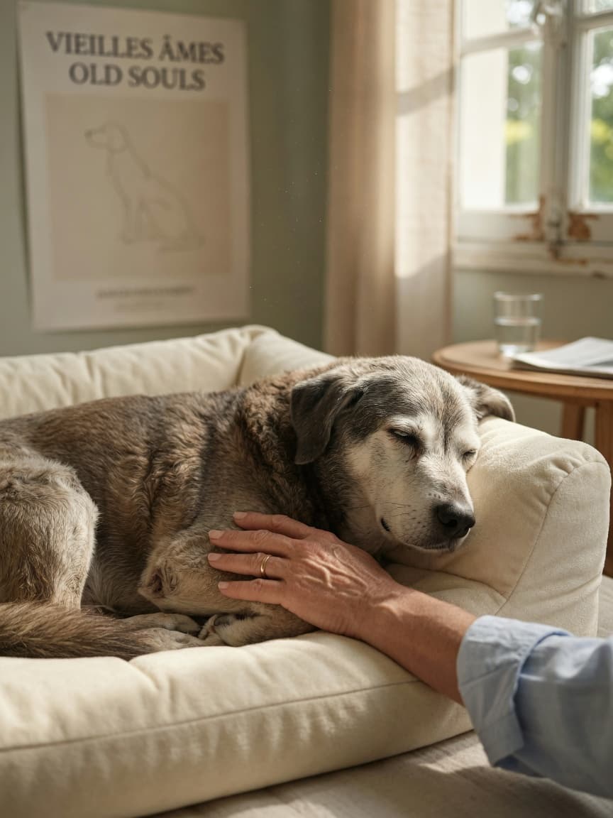 Elderly dog resting peacefully on a soft bed with owner's hand gently on its side, warm sunlight through window