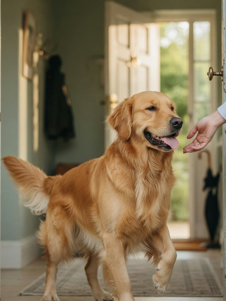 Happy golden retriever with relaxed, wiggly body greeting owner at door with soft eyes and gentle open mouth