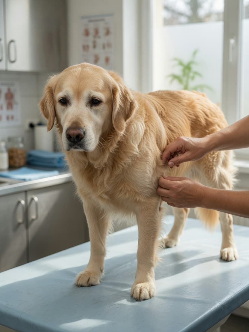 Veterinarian examining a senior golden retriever's hip joint during an orthopedic evaluation for arthritis assessment