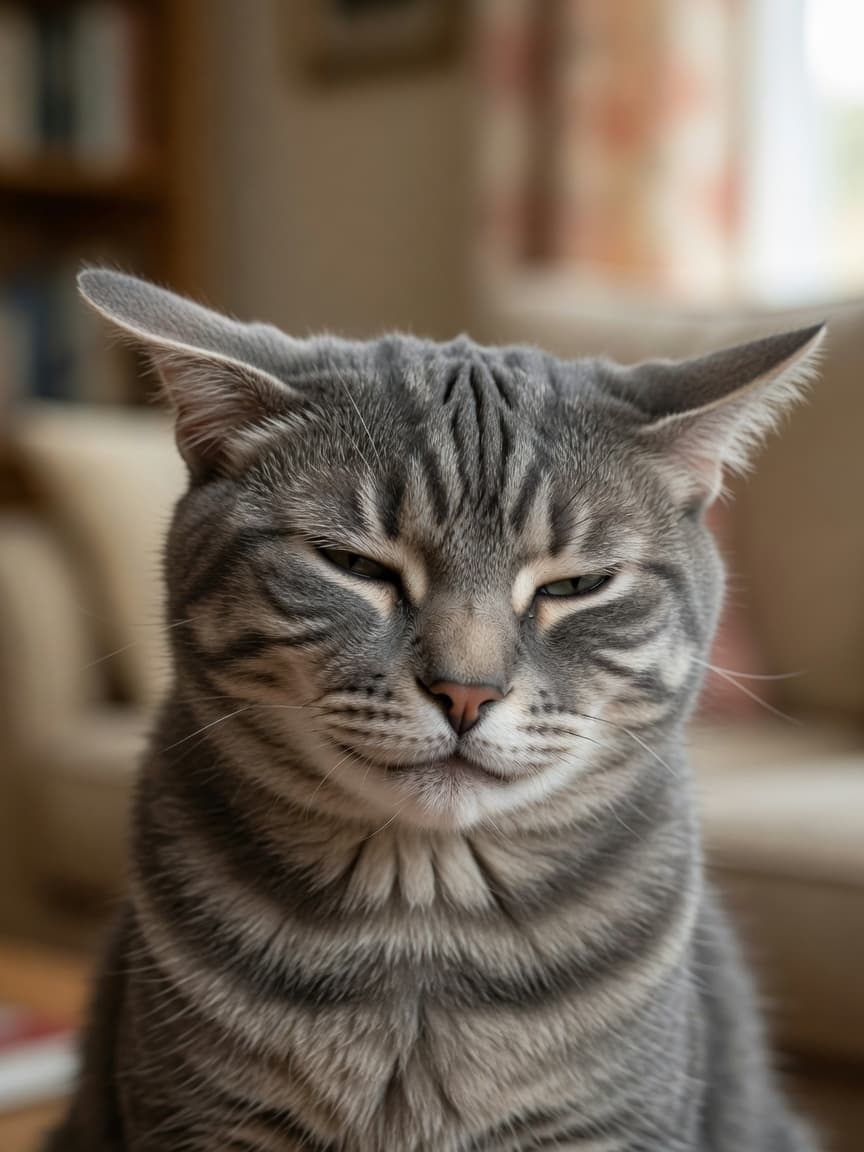 Close-up of a cat's face displaying pain indicators including squinting eyes, rotated ears, tensed muzzle, and pulled-back whiskers demonstrating the Feline Grimace Scale signs