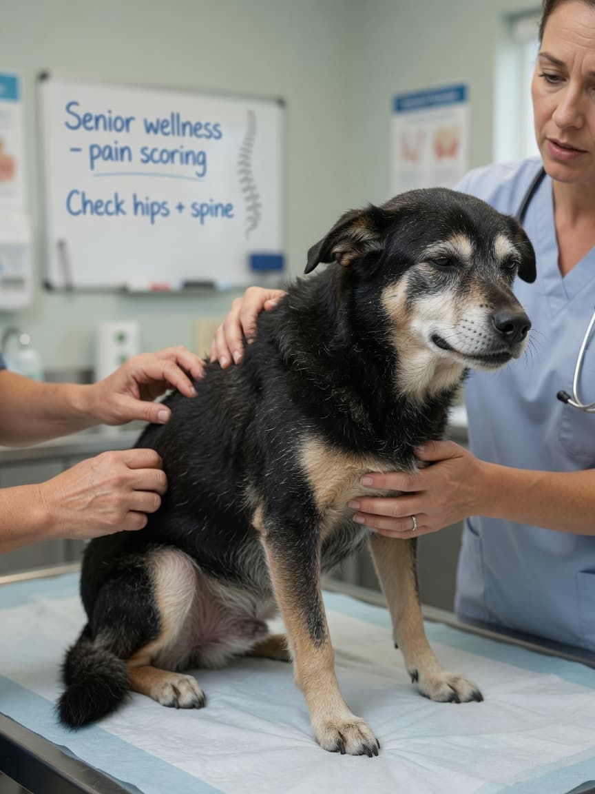 A senior dog on a vet examination table showing facial signs of pain—furrowed brow and pulled-back ears—while the veterinarian gently examines its spine