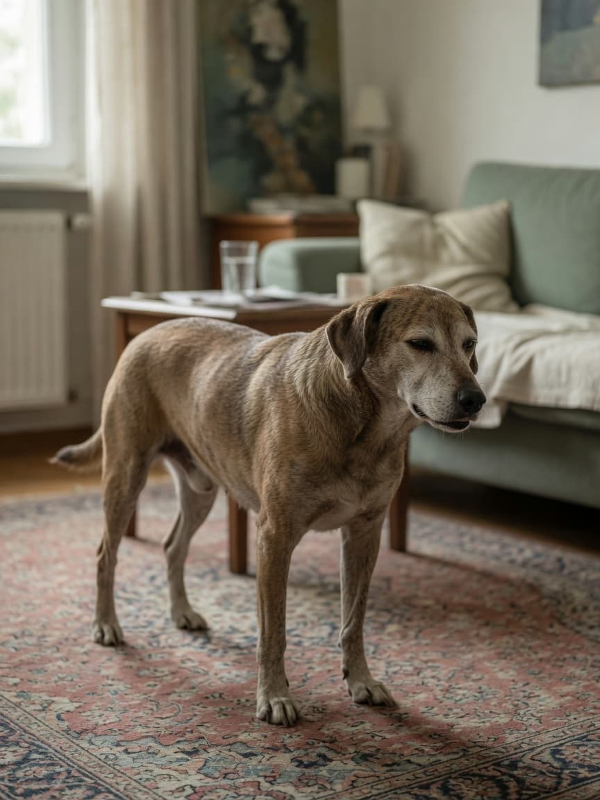 Dog with subtle pain posture showing lowered head and arched back in home setting