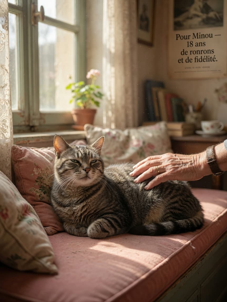 Senior tabby cat resting on window seat with owner's hand gently stroking its back in warm afternoon sunlight