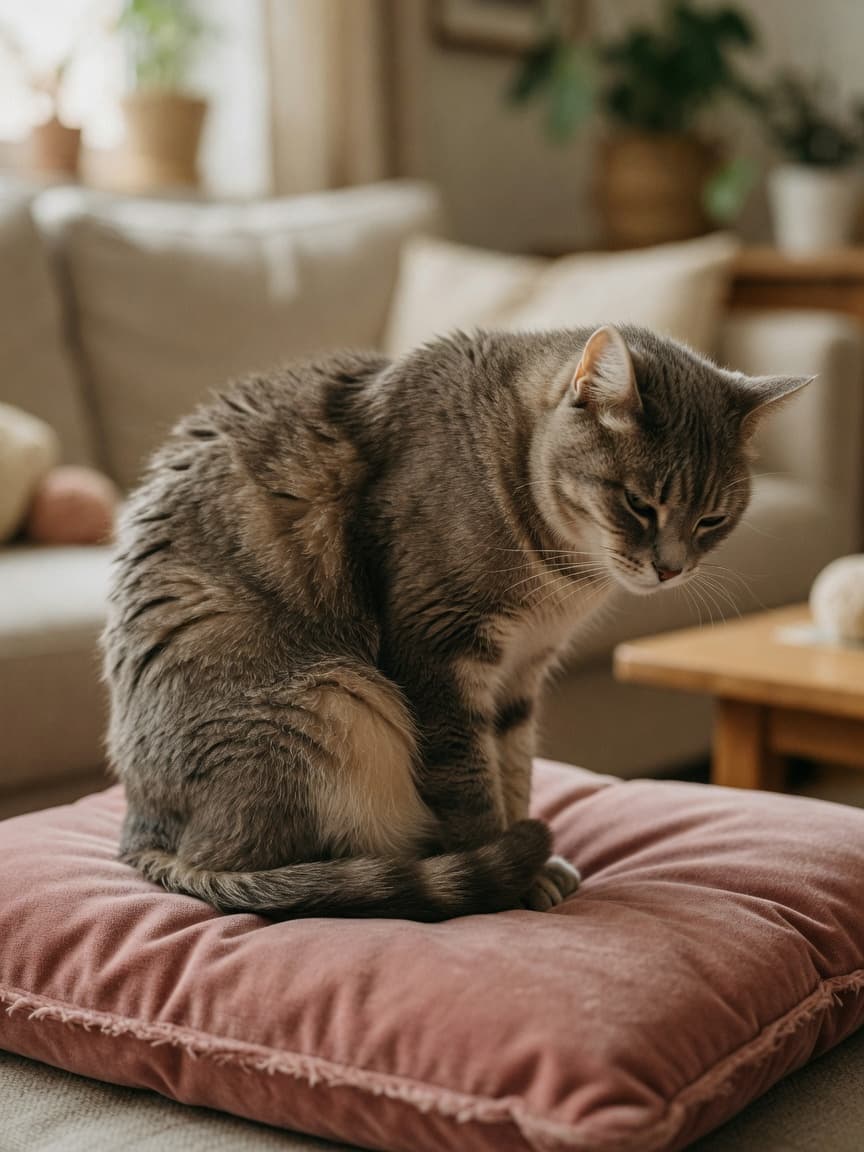 A cat displaying pain posture with hunched back, tucked-in body, and half-closed eyes