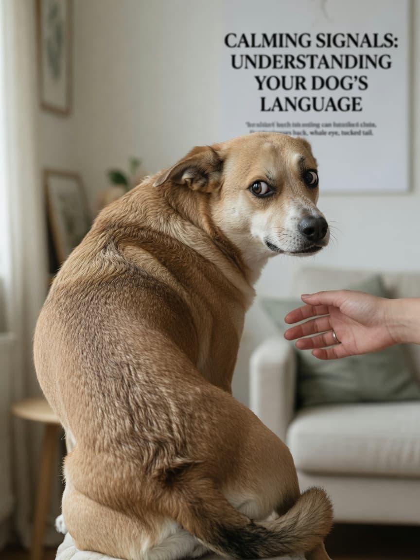 A stressed dog showing multiple physical stress signals including pinned back ears, whale eye, tucked tail, and piloerection along its back while turning away from an approaching hand