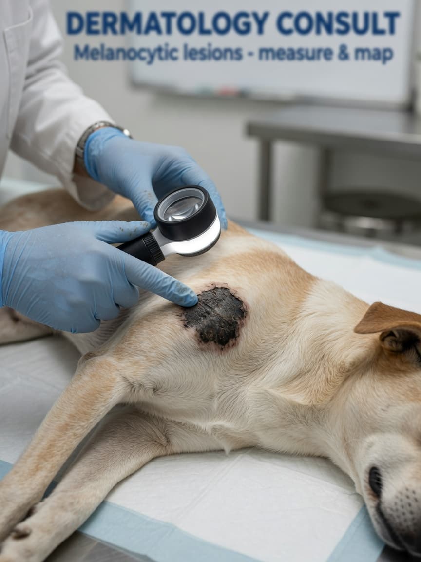 Veterinarian examining a dog's skin lesion with a dermatoscope during a clinical examination