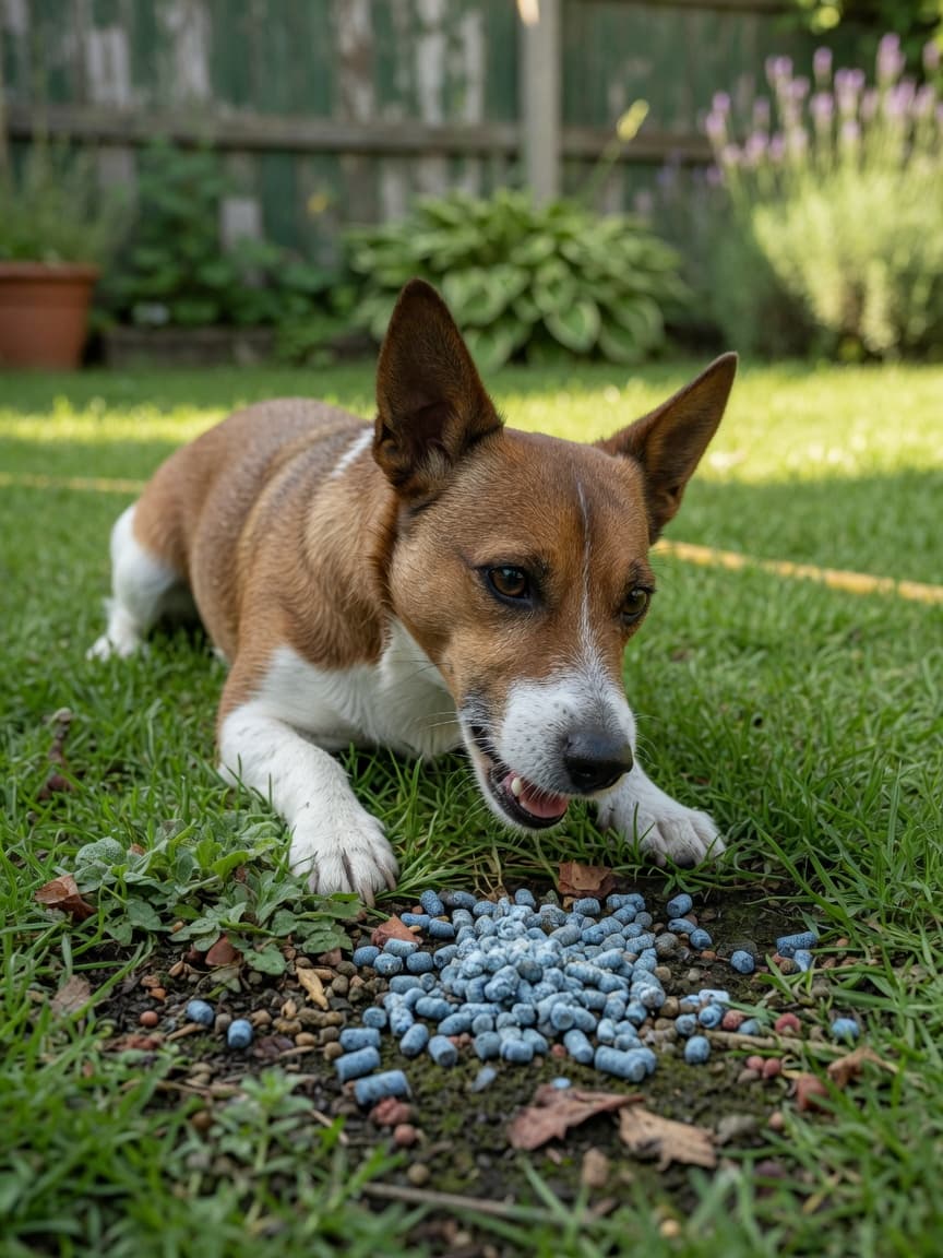 Small dog about to eat scattered slug pellets on garden grass, illustrating the danger of metaldehyde poisoning