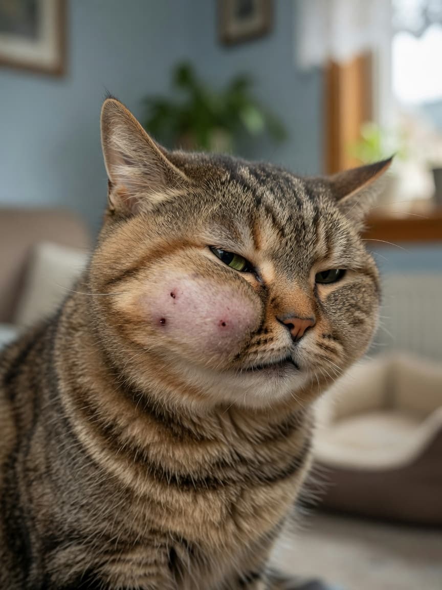 Close-up of a swollen cat face showing adder bite symptoms with facial puffiness and distress
