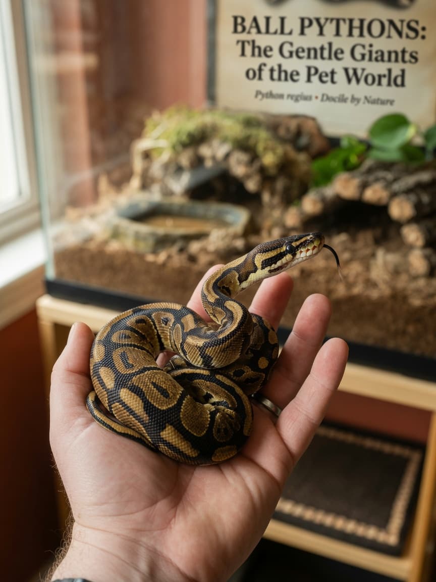 A ball python with golden-brown patterning being gently held on someone's open palm, showing the docile nature of the species for beginner keepers