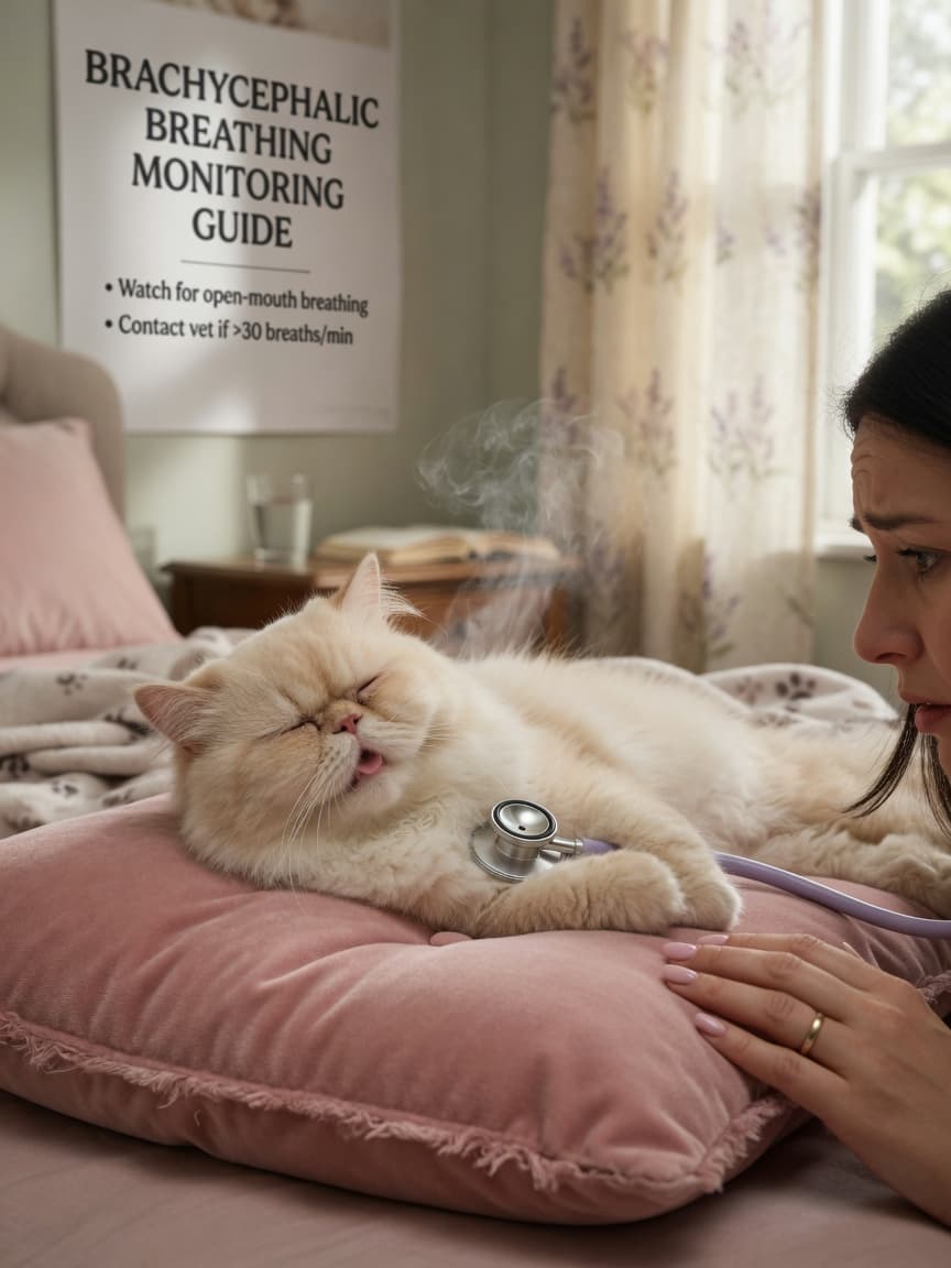 A sleeping cream-colored Persian cat snoring during rest with a veterinary stethoscope nearby