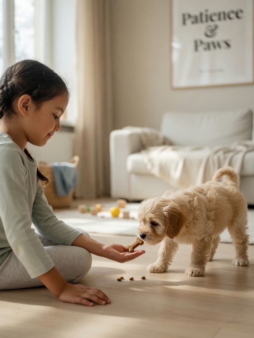Child sitting on floor offering treat to puppy from flat palm during safe first introduction
