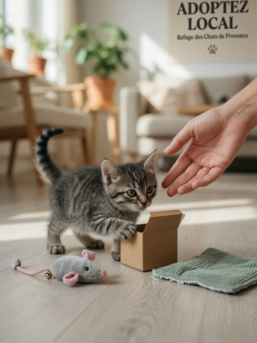 Young kitten exploring various textures and objects during early socialization with adult supervision