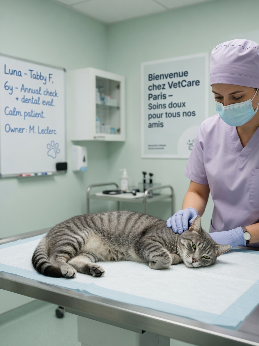 Female tabby cat on veterinary examination table with surgeon in reassuring gesture before spay procedure