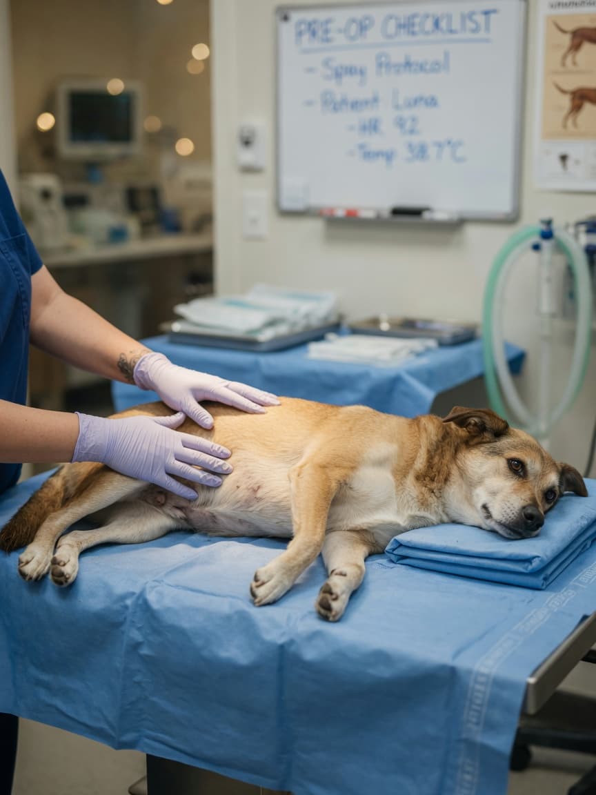 Female dog on veterinary surgical table being examined by a veterinarian's hands in pre-operative assessment