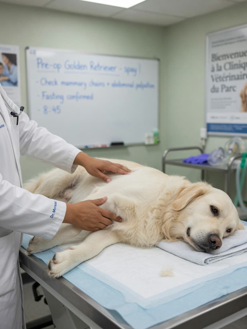 Golden Retriever undergoing pre-surgical veterinary assessment on examination table with veterinarian's hands performing palpation