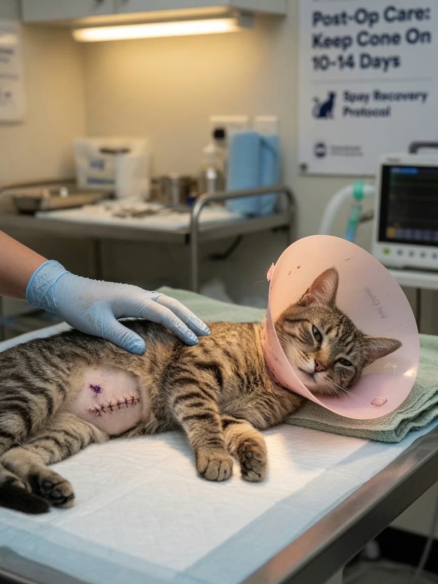 Spayed female cat wearing protective cone collar resting on examination table with veterinarian's reassuring hand on her shoulder