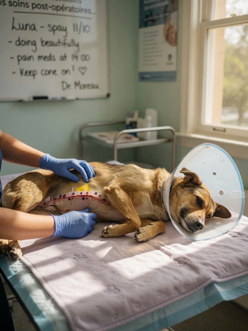 A recovering female dog wearing an Elizabethan collar on a soft blanket while a veterinary surgeon gently examines her post-operative incision in natural sunlight