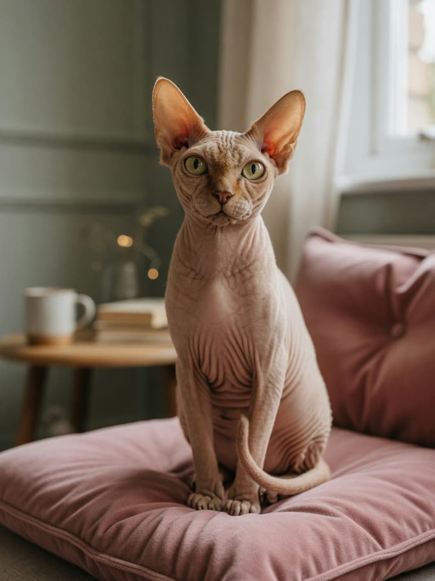 A hairless Sphynx cat with characteristic wrinkled skin and large ears sitting on a soft cushion, displaying the breed's distinctive appearance and attentive expression.