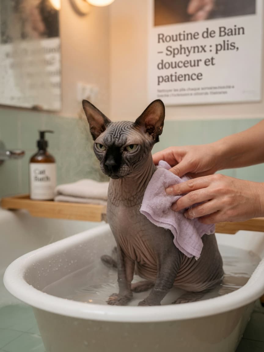 Hairless Sphynx cat being bathed and cleaned in warm water, showing wrinkled skin and large ears