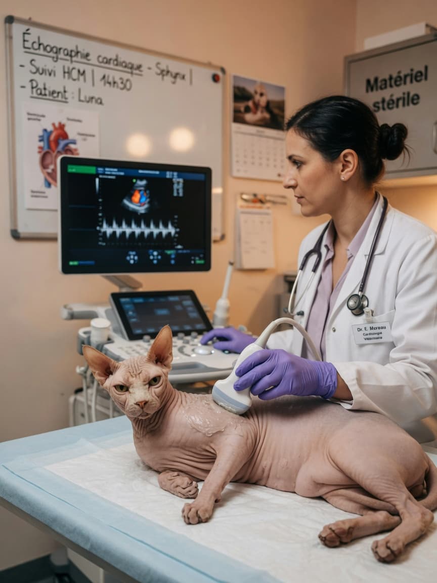 Sphynx cat undergoing cardiac ultrasound examination with veterinary cardiologist
