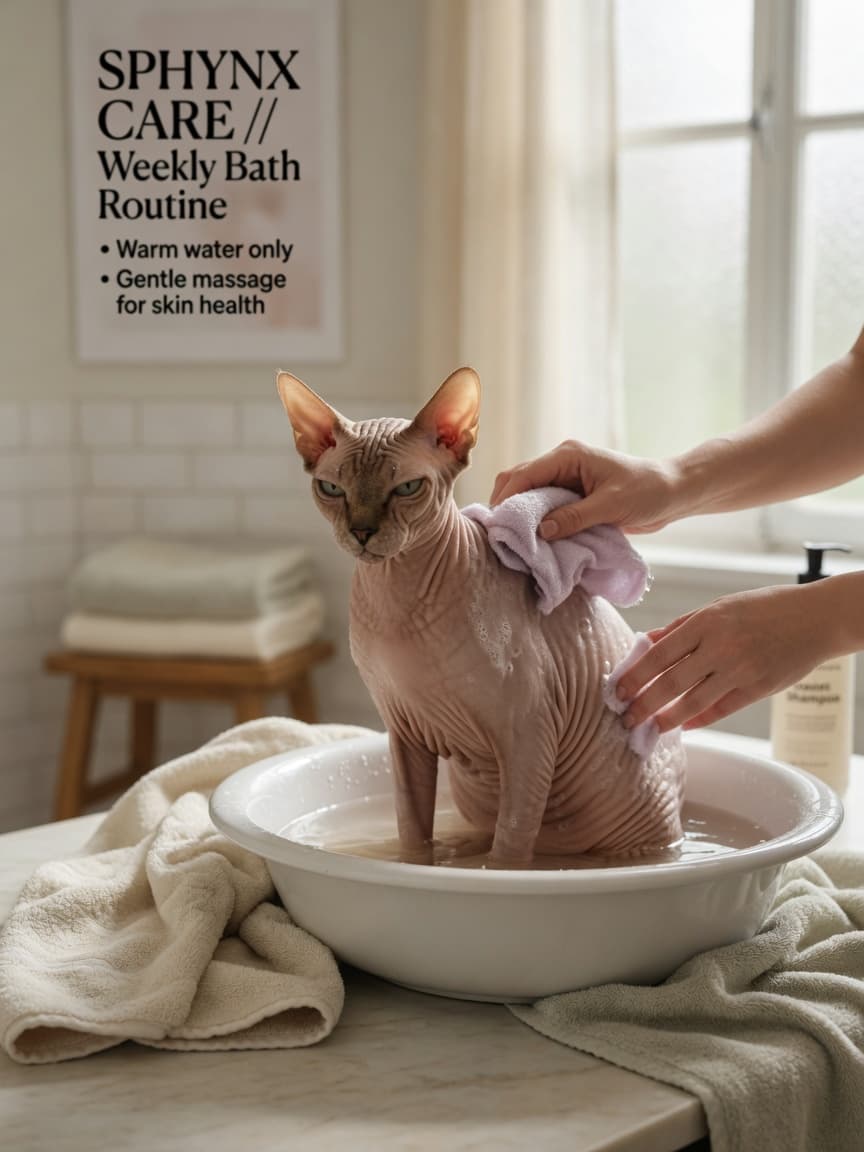 Hairless Sphynx cat receiving a weekly bath with gentle hands using a soft washcloth, showing essential skin care routine