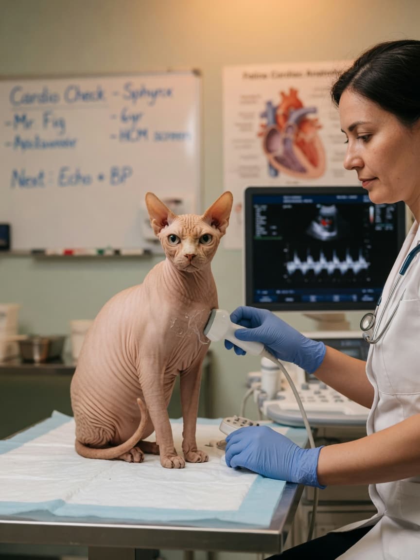 Sphynx cat undergoing echocardiogram with veterinarian at clinic