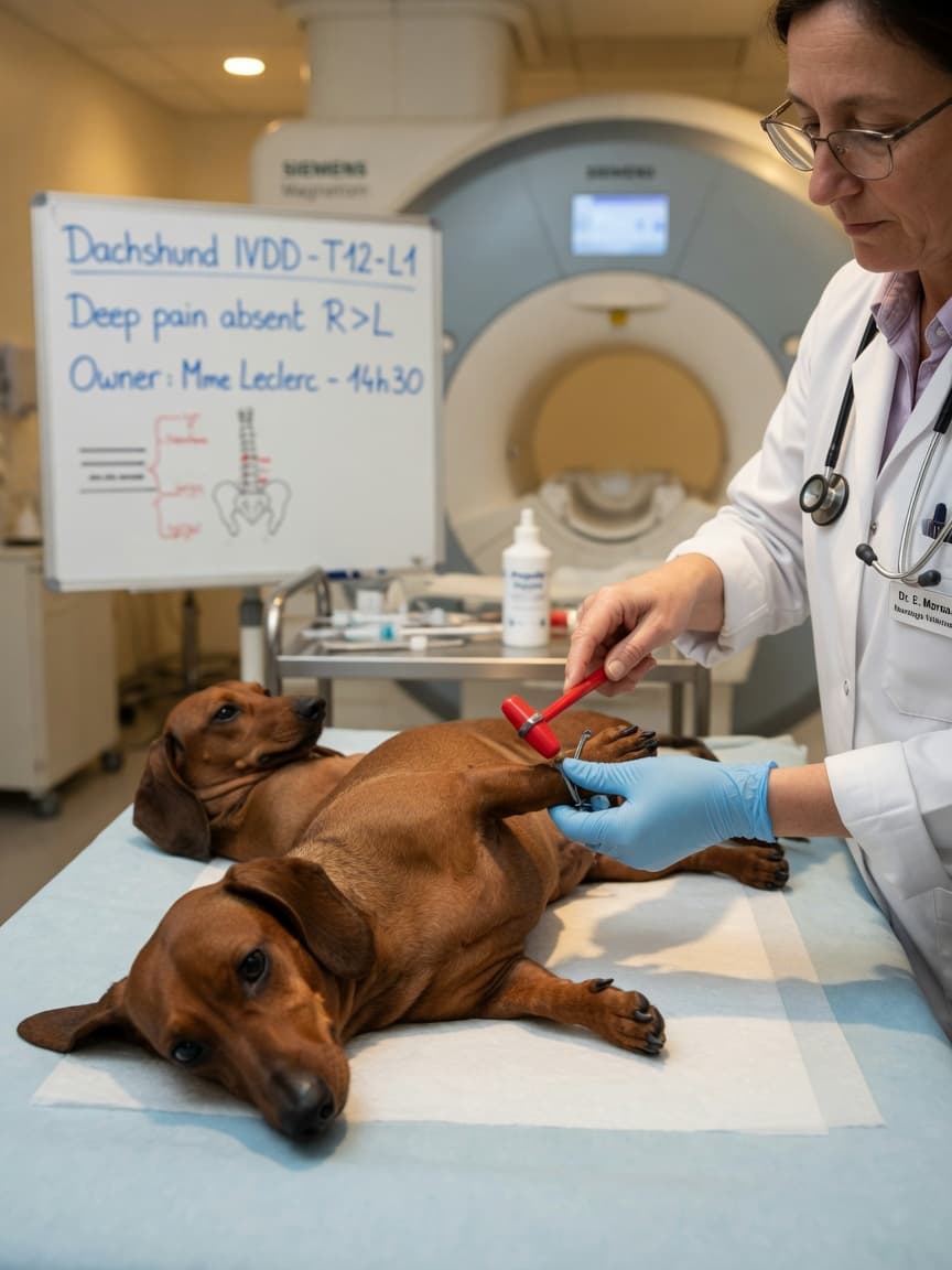 Veterinary neurologist examining paralyzed dog during neurological assessment with MRI machine visible in background