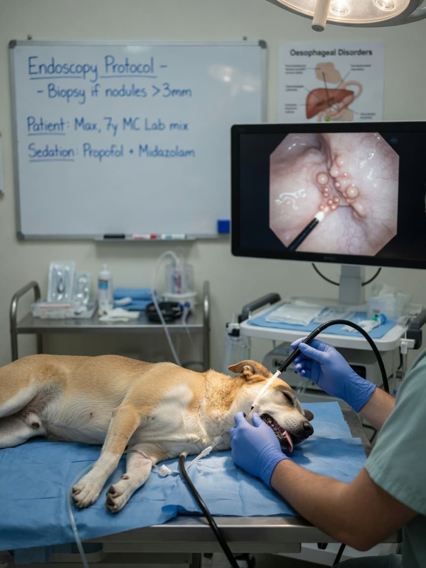 Veterinarian performing oesophageal endoscopy on a sedated dog to diagnose spirocercosis