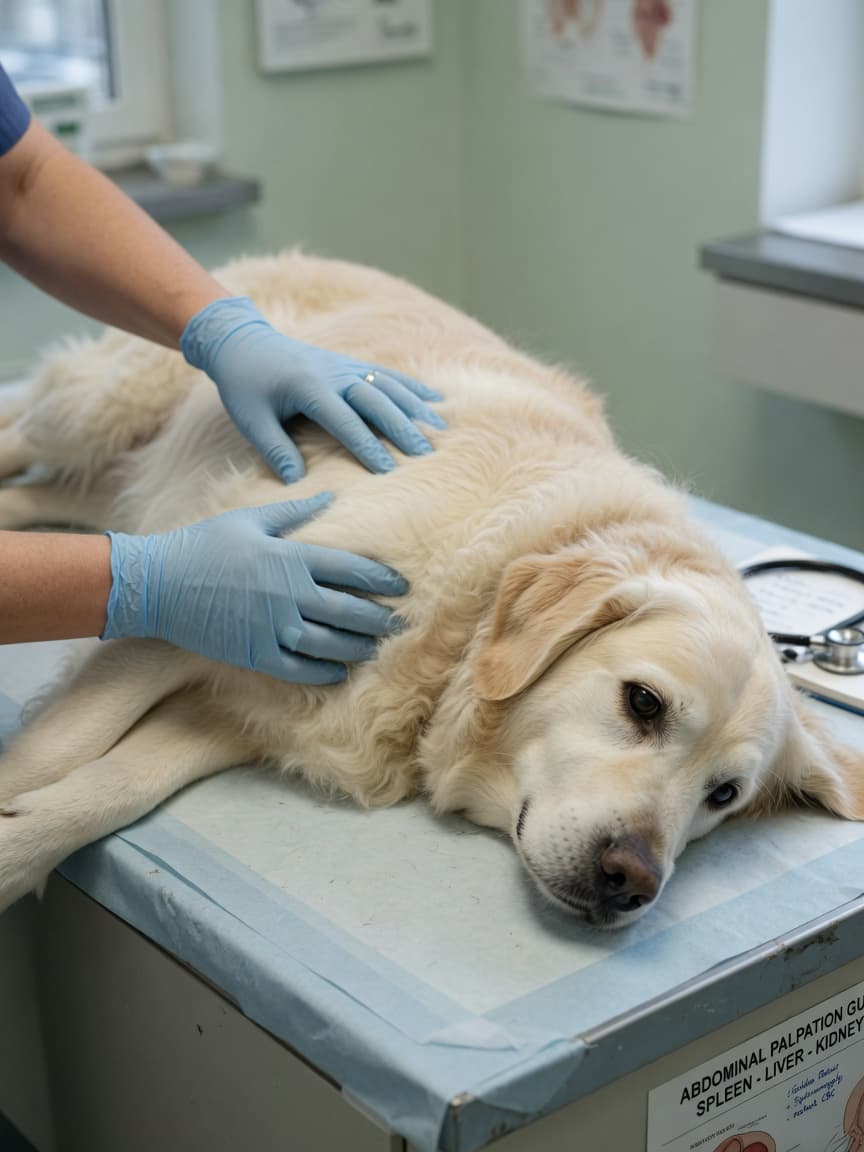 Veterinarian performing abdominal examination on a senior Golden Retriever to assess for splenic masses