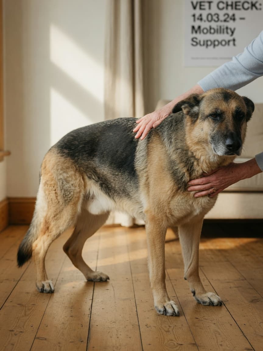 Senior German Shepherd with visible spinal stiffness, owner's hand gently examining lower back, warm indoor lighting